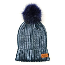 Britt's Knits Women's Metallic Glacier Knit Cold Weather Pom Hat Ski Cuff Cap, Navy One Size