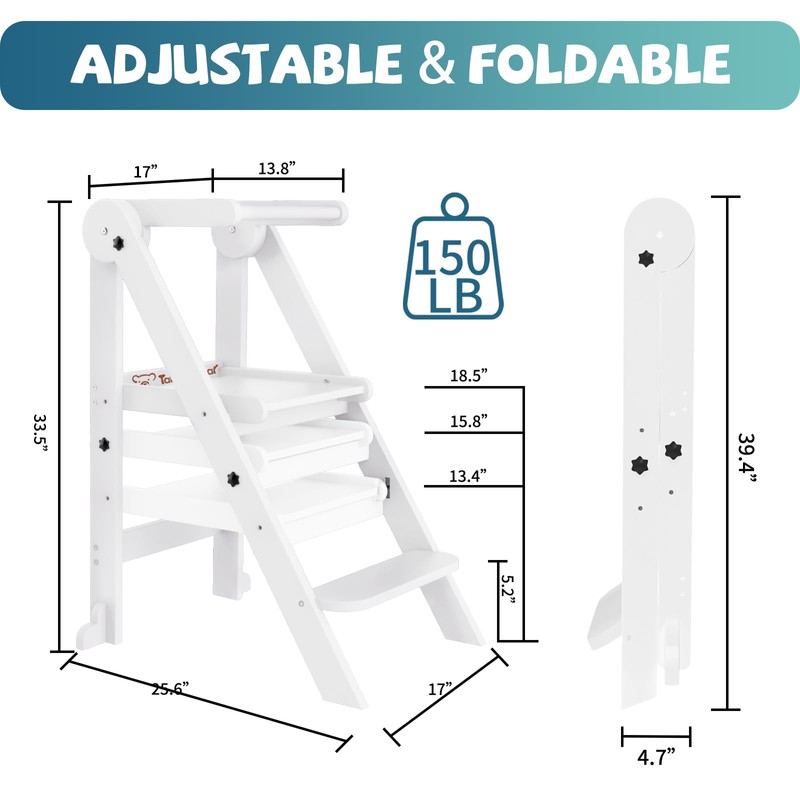 Foldable Toddler Tower, 3 Adjustable Height Toddler Standing Tower, Wooden