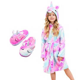 Unicorn Dressing Gowns for Girls Soft Hooded Robe Sleepwear with Unicorn Slippers, Unicorn Gifts for Girls (Pink/Purple Unicorn, 6-7 Years)