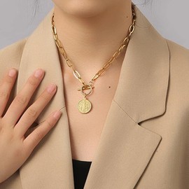 925 Sterling Silver Toggle Necklaces Women Men, 14k Yellow Gold Unisex Thick Chain Toggle Necklace - Saint St Benedict Coin Toggle Charm, OT Buckle Toggle Clasp For Christmas Birthday Gifts (22inch, Toggle Necklace 1, Silver)