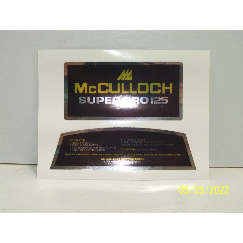 McCulloch Chainsaw Model Super Pro 125 Breather Cover Decal Set