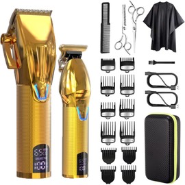 Roziapro Professional Hair Clippers for Men Electric Beard Trimmer Barber Clippers for Hair Cutting with T-Blade Edgers Rechargeable Hair Clipper and Trimmer Kit with LED Mens Christmas Gifts (Gold)