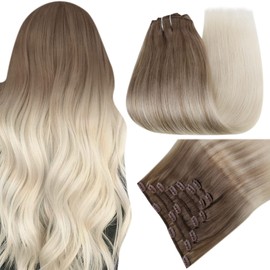 Easyouth Balayage Clip in Hair Extensions Real Human Hair Clip in Extensions Double Weft Color Ash Brown Fading to Platinum Blonde Straight Clip on Hair for Women 16Inch 100g/7pcs