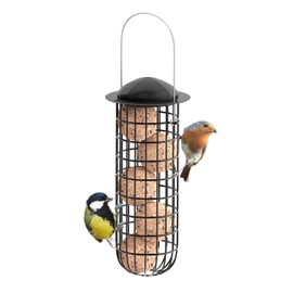 iBorn Fat Ball Holder, Metal Fat Ball Holder with Roof, Bird Feeder for Hanging, Metal Feeding Station, Feeder for Wild Birds, Black