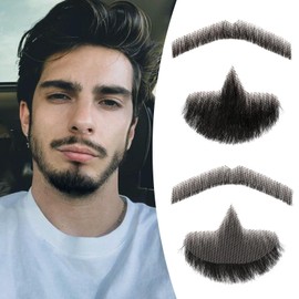 Wodelanle Fake Beard Realistic Mustache 100% Human Hair Full Hand Tied Facial Hair Black Fake Mustache Goatee Lace Invisible Fake Beards for Entertainment Party Drama Movie Makeup