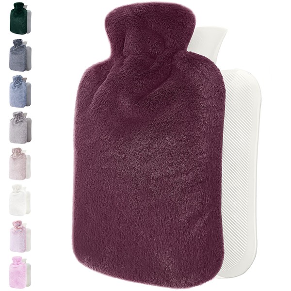 Hot Water Bottle with Cover - Soft Premium Fluffy Cover - 1.8L Large Hot Water Bottle for Adults for Cosy Nights, Pain Relief, Back, Stomach, Shoulder and Neck - Burgundy