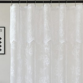 FINECITY White Lace Shower Curtain 72 Inch Length, Rustic Floral Pattern Sheer Lace Shower Curtain with Attached Valance for Bathroom, Reinforce Hole Sheer Shower Curtain, 72 x 72 Inch, 1 Panel, White