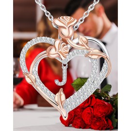 THECEROS Heart Rose Necklaces Gifts for Women, 925 Sterling Silver Heart Initial Letter Pendant Rose Love Necklace Jewelry Christmas Valentines Anniversary Birthday Gifts for Mom Wife Her