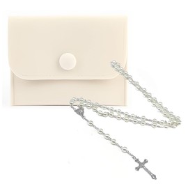 AFCJLTO Catholic Rosary Beads, Plain Simple Style with Button Bag, Faux Pearl Rosary with Storage Bag