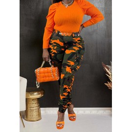 OLAMIOSO Cargo Pants for Women Streetwear, Camo Cargo Pants for Women, Women Camouflage Pants with Pockets, Women Camo Cargo Pants High Waist Camouflage, Army Green Cargo Pants (Camo Orange, XL)
