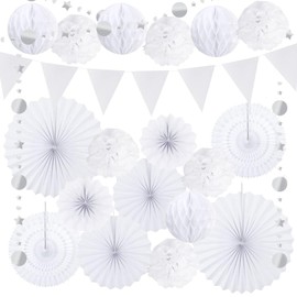 Gibocot 20 Pcs White Paper Decorations for Wedding, White Pom Poms Flower Honeycomb Balls Hanging Paper Fans for House Garden Beach Wedding Decoration