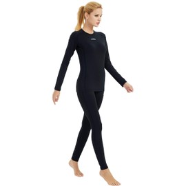 COOLOMG Women's Thermal Yoga Clothing Winter Baselayer Tops+Leggings Set Black