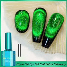 Green Cat Eye Gel Nail Polish, 12D Glitter Cat Eye Gel Nail Polish with Magnet, Magnetic Dark Green Gel Polish, UV Cats Eye Gel Nail Polish Shimmery, Holographic Cateye Polish for Girls & Women