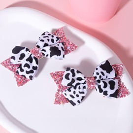 2pcs Glitter Pink Cow Birthday Gift Bows Alligator Clips for Girls 3.5" Cute Cow Print Ribbon Hair Barrettes Pins, Toddler Teens Baby Cowgirl Costume Party Favors Accessories