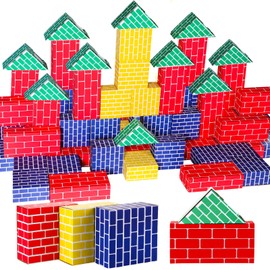 Junkin 48 Pcs Cardboard Building Blocks Extra Thick Jumbo Cardboard Blocks Pretend Blocks Rectangle Square Triangle Stacking Blocks for Kid Educational Learning Play Toys, Blue Yellow Red Green