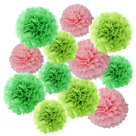 Aimto 12pcs Green Light Green and Pink Paper Pom Poms Decorations for Party Ceiling Wall Hanging Tissue Flowers Decorations - 3 Colors of 12 Inch, 10 Inch