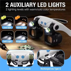 Jewelers Magnifying Glass Headset with LED Light & 5 Interchangeable Lens Pairs (2X 4X 6X 10X 13X) for Close Work, Glasses Headband Included