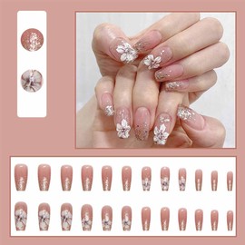 24Pcs Nude Pink Press on Nails Long Square Flower Fake Nails Artificial Glossy False Nails Full Cover Fake Nail Glue on Nail for Women with Glitter Design Acrylic Nail Daily Wear Design