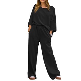Fisoew Womens 2 Piece Lounge Sets Casual 3/4 Sleeve Tunic Tops Loose Wide Leg Pants Tracksuit Fall Travel Outfits