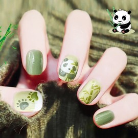 KKUUOO Cute Press on Nails Short Square Fake Nails Green False Nails with Panda Design Full Cover Glossy Acrylic Reusable Stick on Nails Jelly Press on Nails for Women and Girls Nail Art Decoration