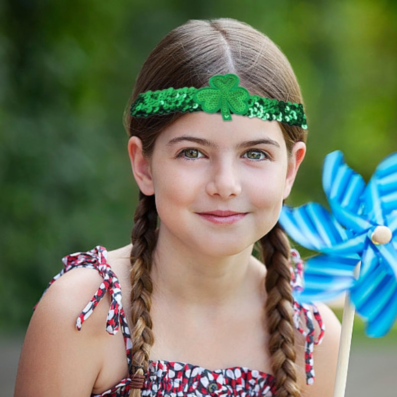 Wziys 2pcs St. Patrick's Day Green Sequins Shamrock Headbands Elastic