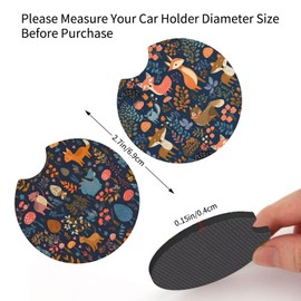 Set of 2 Cute Fox Car Coasters for Drinks Cup Holder, Forest Animals Anti Slip Rubber Car Cup Mat Universal Dia 2.7" with Finger Notch and Cork Base for Men Women