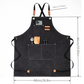 Chef Apron for Men Women with Pockets,68x85cm Canvas Apron with Adjustable Shoulder Strap Kitchen Aprons with 3 Pockets BBQ Apron for Gardening Restaurant BBQ, Black, M to XXL