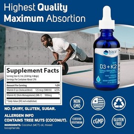 Trace Minerals | Liquid Ionic Vitamin D3 + K2 | 125 mcg (5,000 IU) D3, 100 mcg K2 | Concentrated Dietary Supplement | 2 fl oz. 296 Servings 