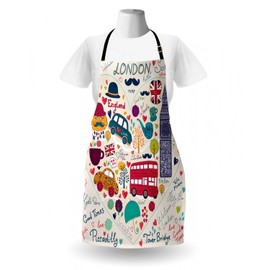 Lunarable London Apron, Colorful Red Bus Big Ben Tea Umbrella Hat Retro Black Cabin in a Heart Print, Unisex Kitchen Bib with Adjustable Neck for Cooking Gardening, Adult Size, Red Pink