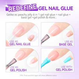 Gelike ec Nail Glue for Artificial Nails, 6 in 1 Peachy Jelly Extra Strong Nail Glue for Press On Nail Glue Gel for Nail Tips Nail Glue Gel for Fake Nails Need Curing Under UV Nail Lamp 8 ml 11545