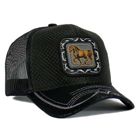 Rodeo Cowboy Straw Cap Hat Bull Rider/Horse Embroidered Mesh Trucker Western Style Snapback Baseball Cap (Horse 2 - Black)