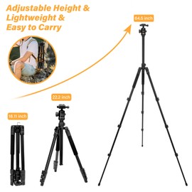 MOSISO 64.5 inch Tripod for Camera, 360 Degree Ball Head Aluminum Camera Tripod Stand with Bag&Phone Mount for Travel, DSLR Tripod&Monopod Compatible with Canon Nikon Sony Camera, 11lb Load, Black