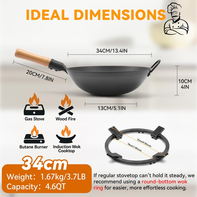 WANGYUANJI 13.4" Round-Bottom Iron Wok, Deep Chinese Stir-Fry Pan (Seasoning