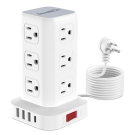 Power Strip Tower Surge Protector Power Strip with USB 12 Outlets with 4 USB Ports (1 USB C), Flat Plug 10FT Extension Cord Multi Plug Outlet Extender Overload Protection for Home Office