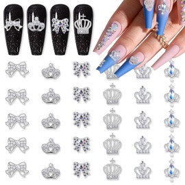 XEAOHESY 30 Pieces Alloy Silver Crown Nail Charms Bow Charms for Nails Crown Charms for Nails Bowknot Nail Charms Inlaid Clear Rhinestone for Women Girls Nail Art