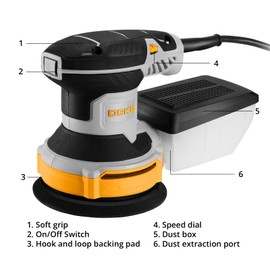 Orbital Sander Corded Hand Sander: DEKOPRO 20V 5" Random Orbital Sander with Dust Box, 6 Various Speeds Electric Palm Sander with Dust Box, 16Pcs Sandpapers for Woodworking & Sanding-Yellow