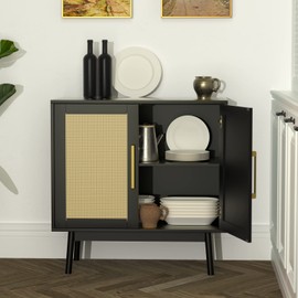 JOZZBY Rattan Sideboard Buffet Cabinet, Black Cabinet with Rattan Doors and Adjustable Shelves, Accent Cabinet for Dining Room,Hallway