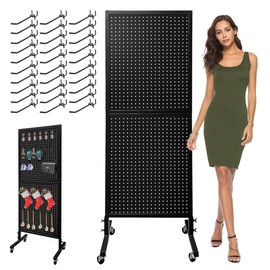 Royxen 2 x 5.5 Feet Pegboard with 30 Hooks, Pegboard Display with Wheels, Standing Pegboard Display, Metal (Black)