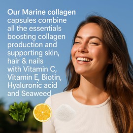 Marine Collagen Capsules with Hyaluronic Acid, Seaweed, Vitamin C, E & Biotin – Type 1 Fish Collagen – Skin, Hair, Nails & Joint Support – UK Made – Collagen Supplements for Women & Men - 60 Capsules