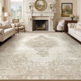 8x10 Area Rugs Washable Rug, Large Vintage Soft Rugs for Living Room Retro Medallion Indoor Carpet for Bedroom Nursery Dining Room Dorm Home Office Non-Slip Stain Resistant Rug (Beige, 8'x10')