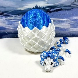 3D Printed Baby Dragon with Dragon Egg, 6" Articulated White and Blue Mushroom Baby Dragon, Home Decor Executive Desk Toys,Fidget Toys for Autism/ADHD BD006WB-WBE
