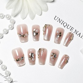 JODSONE Press on Nails Pink Glitter Square Cat Eye Handmade 3D Fake Nail Tips Reuseable Fashionable Design Long Lasting Fit Easy to Create Exquisite Fingertips- Small