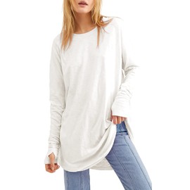 Fisoew Women's Casual Long Sleeve Tops Crew Neck Round Hem Loose T-Shirts Tunic Tops with Thumb Holes White