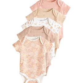 NEXT Short Sleeve Baby Bodysuits 100% Cotton Pack of 5, Apricot Ditsy, 3 months