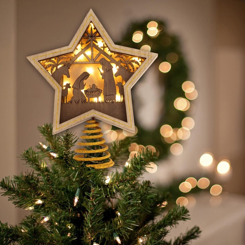 DEMDACO Lit Star Nativity Tree Topper - Glowing Gold Accented