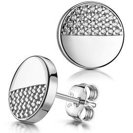 MATERIA by Matthias Wagner Women's Stud Earrings Round Flat 925 Silver with Zirconia 10 mm in Jewellery Case, Rhodium-plated, tarnish protection, Cubic Zirconia