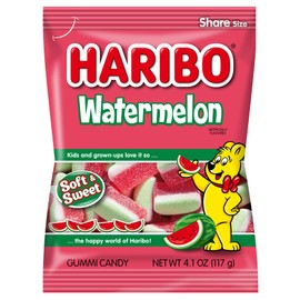 HARIBO Gummi Candy, Watermelon Gummy Candy, 4.1 Ounce Share Size Bags (Pack of 12) Delicious Soft, Chewy & Juicy Sweet Snacks, Fruity Watermelon Flavor