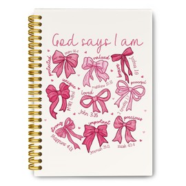JKMBN Christian Spiral Bible Notebook, Coquette Pink Bows Journaling, Christian Gifts for Women Girls, God Says I Am Prayer Journal, Church Notes Notebook, Hardcover Lined Notebook 5.5 x 8.3