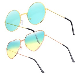 70s Hippie Sunglasses 2 Pieces Metal Frame Sunglasses Circle and Heart Hippie Sunglasses Green and Yellow Framed Glasses Hippie Glasses for Women Hippie Fancy Dress Accessories