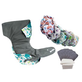 Baby Bamboo 5 pañales de tela impresos ecológicos para niños + 6 inserciones de microfibra de cuatro capas (blanco y gris) pañal interior de fibra de bambú